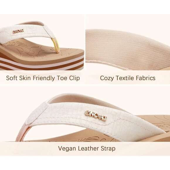 🆕 Women’s Beige Platform Flip Flops Summer Sandals Arch Support Vegan Leather - Picture 4 of 7